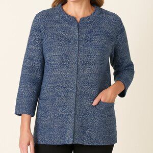 Boden Blue Tweed Heavy Knit Sweater Jacket L Hidden Snap Front